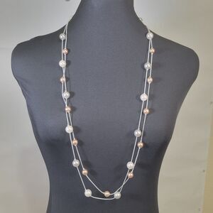 Double strand long faux neutral pearls costume necklace NWOT